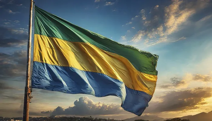 Gerahmter Druck : Die Flagge Gabuns flattert im Wind. Gerahmter Druck : Die Flagge Gabuns flattert im Wind.
