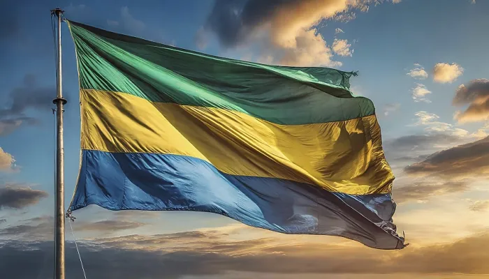 Gerahmter Druck : Die Flagge Gabuns flattert im Wind. Gerahmter Druck : Die Flagge Gabuns flattert im Wind.