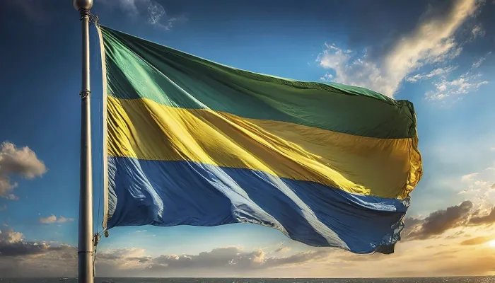 Gerahmter Druck : Die Flagge von Gabun flattert im Wind. Gerahmter Druck : Die Flagge von Gabun flattert im Wind.