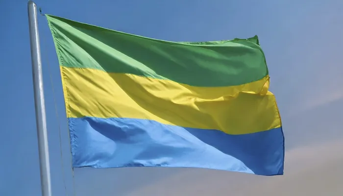 Gerahmter Druck : Die Flagge Gabuns flattert im Wind. Gerahmter Druck : Die Flagge Gabuns flattert im Wind.