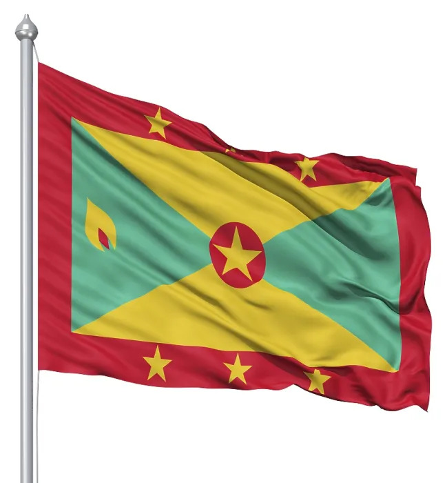 Gerahmter Druck : Fahne von Grenada mit Flaggenmast, der im Wind weht, gegen weißen Hintergrund.