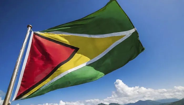 Gerahmter Druck : Die Flagge von Guyana flattert im Wind. Gerahmter Druck : Die Flagge von Guyana flattert im Wind.