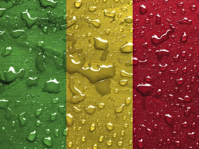 Gerahmter Druck : Flagge von Mali mit Regentropfen. Gerahmter Druck : Flagge von Mali mit Regentropfen.