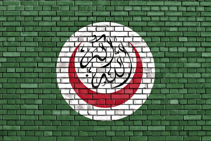 Gerahmter Druck : Flagge der OIC auf Ziegelmauer gemalt. Gerahmter Druck : Flagge der OIC auf Ziegelmauer gemalt.