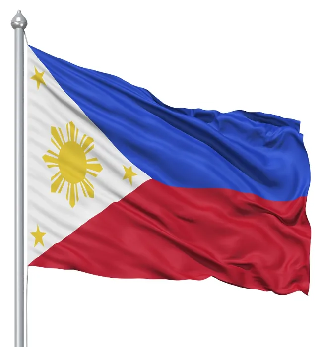 Gerahmter Druck : Philippinische Flagge mit Flaggenmast, der im Wind wackelt, gegen weißen Hintergrund.