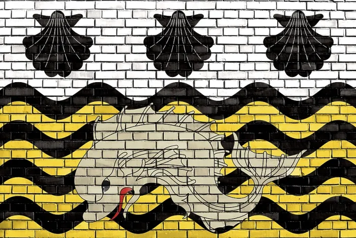 Gerahmter Druck : Flagge von Poole auf Ziegelmauer gemalt. Gerahmter Druck : Flagge von Poole auf Ziegelmauer gemalt.