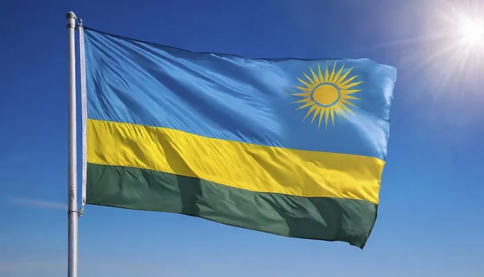 Gerahmter Druck : Die Flagge von Ruanda flattert im Wind. Gerahmter Druck : Die Flagge von Ruanda flattert im Wind.