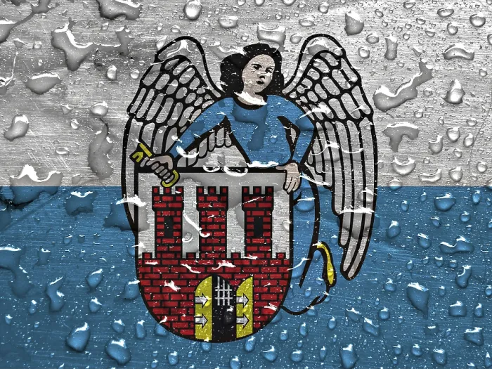 Gerahmter Druck : Flagge von Toruń mit Regentropfen. Gerahmter Druck : Flagge von Toruń mit Regentropfen.