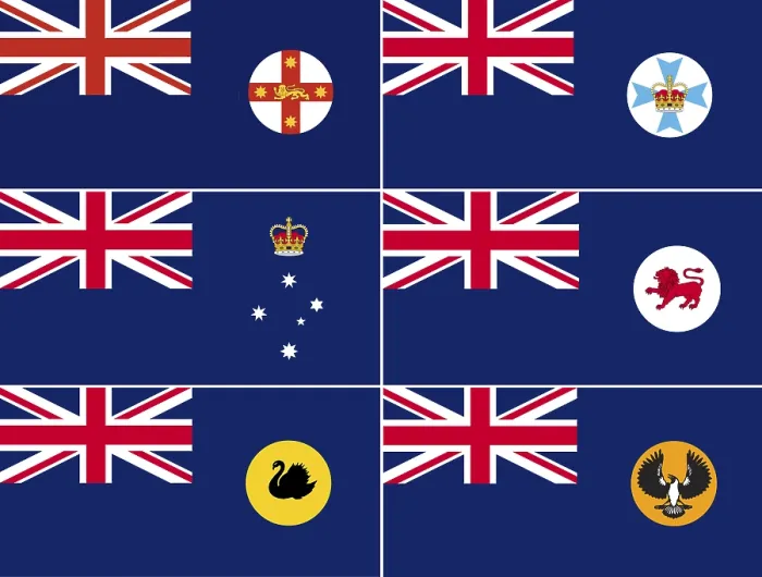 Gerahmter Druck : Flaggen der australischen Bundesstaaten. Sechs Staatsflaggen. Gerahmter Druck : Flaggen der australischen Bundesstaaten. Sechs Staatsflaggen.