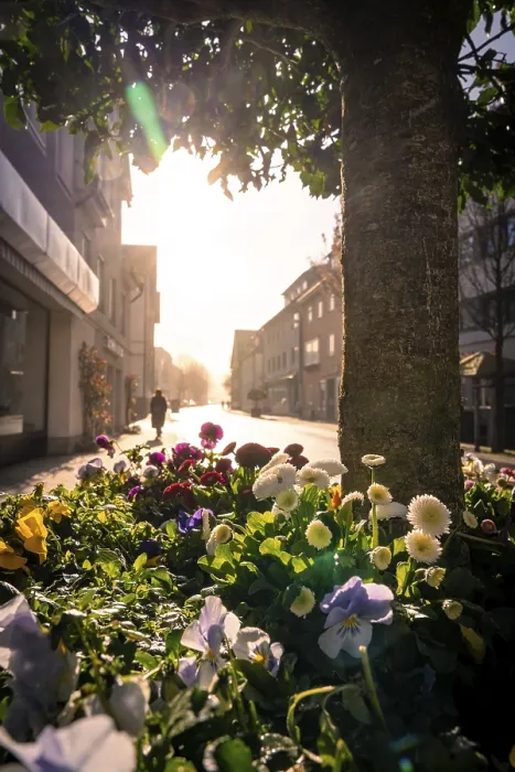 Gerahmter Druck : Blumenbeet in der Stadt mit dem Hintergrundlicht hinter einem Baum. Gerahmter Druck : Blumenbeet in der Stadt mit dem Hintergrundlicht hinter einem Baum.
