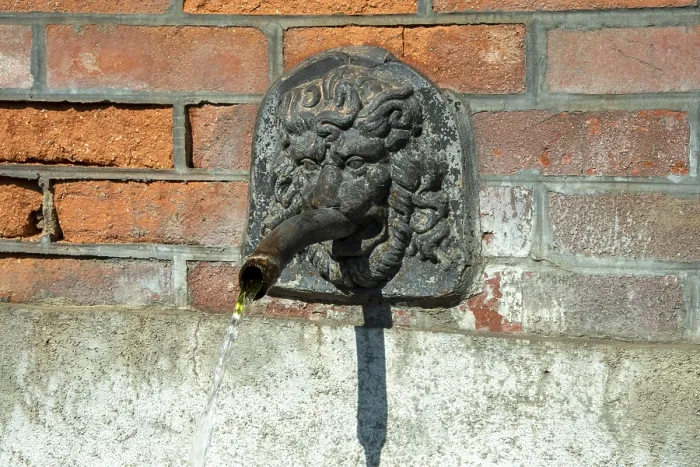 Gerahmter Druck : Brunnen in Form eines Löwengesichts. Gerahmter Druck : Brunnen in Form eines Löwengesichts.