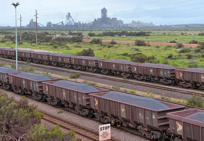Gerahmter Druck : Eisenbahnzug beladen mit Eisenerz, am Eingang des Hafens für das Eisenerzaufschlag, im Hintergrund die Saldanha Steel Stahlwerke, Saldanha, Westkap, Südafrika Gerahmter Druck : Eisenbahnzug beladen mit Eisenerz, am Eingang des Hafens für das Eisenerzaufschlag, im Hintergrund die Saldanha Steel Stahlwerke, Saldanha, Westkap, Südafrika