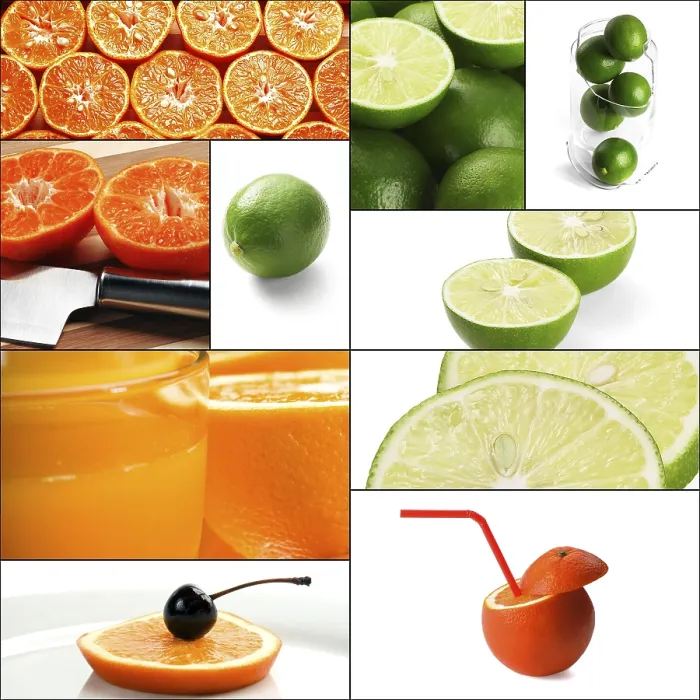 Gerahmter Druck : Frische Zitrusfrüchte Collage-Komposition in einer quadratischen Rahmung. Gerahmter Druck : Frische Zitrusfrüchte Collage-Komposition in einer quadratischen Rahmung.