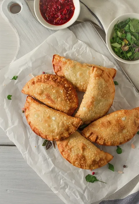 Gerahmter Druck : Frittierte Chebureks, Nahansicht, auf hellen Hintergrund. Gerahmter Druck : Frittierte Chebureks, Nahansicht, auf hellen Hintergrund.