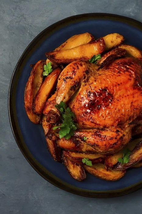 Gerahmter Druck : Gebratenes Whole Chicken mit Kartoffeln. Gerahmter Druck : Gebratenes Whole Chicken mit Kartoffeln.