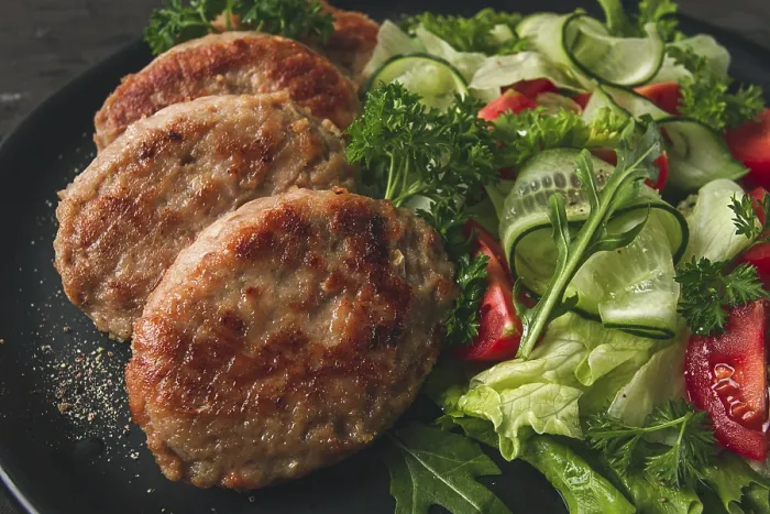 Gerahmter Druck : Gefüllte Schnitzel, Truthahn, mit Gemüsesalat. Gerahmter Druck : Gefüllte Schnitzel, Truthahn, mit Gemüsesalat.