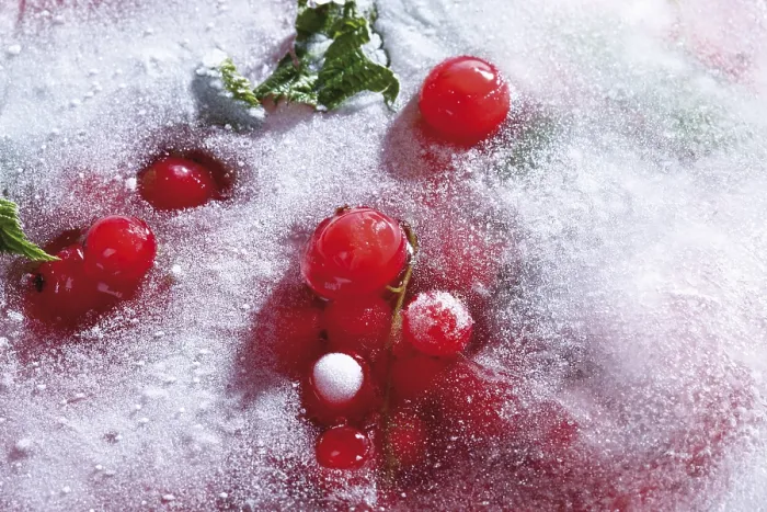 Gerahmter Druck : Erfrorene rote Johannisbeeren. Gerahmter Druck : Erfrorene rote Johannisbeeren.