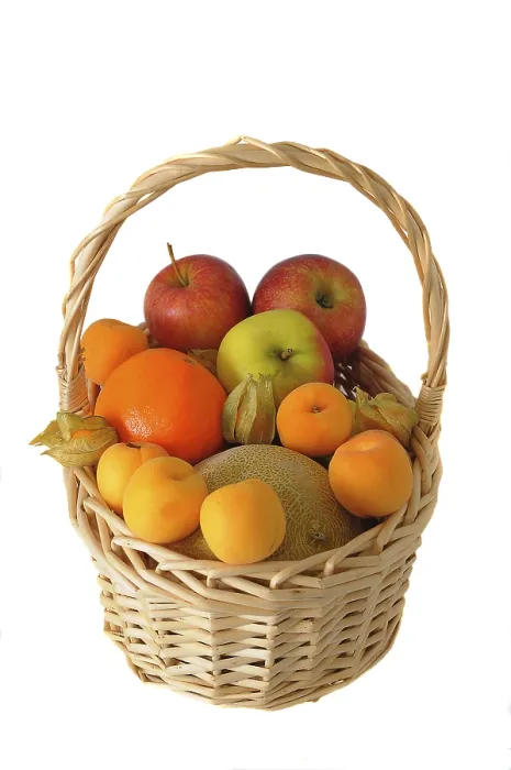 Gerahmter Druck : Obstkorbständer mit frischem Obst. Gerahmter Druck : Obstkorbständer mit frischem Obst.