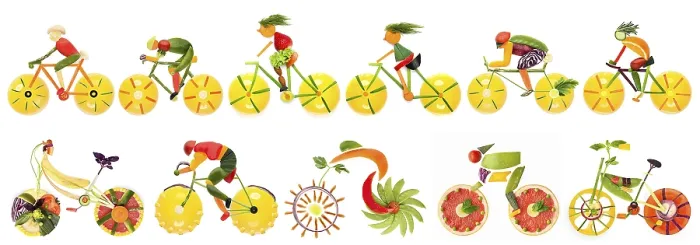 Gerahmter Druck : Obst und Gemüse in Form eines Fahrradsets mit Radfahrern. Gerahmter Druck : Obst und Gemüse in Form eines Fahrradsets mit Radfahrern.