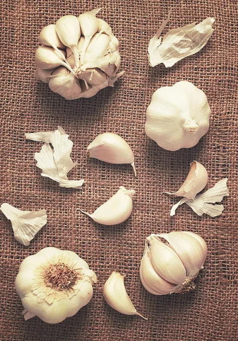 Gerahmter Druck : Knoblauch auf Jute, oberer Blickwinkel, vertikal. Gerahmter Druck : Knoblauch auf Jute, oberer Blickwinkel, vertikal.