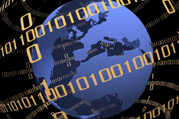 Gerahmter Druck : Globus mit binärem Code Gerahmter Druck : Globus mit binärem Code