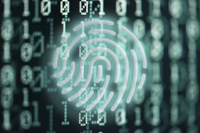 Gerahmter Druck : Glowender Fingerabdruck gegenüber binärem Code-Hintergrund, Konzept für Internet-Sicherheit und Privatsphäre Gerahmter Druck : Glowender Fingerabdruck gegenüber binärem Code-Hintergrund, Konzept für Internet-Sicherheit und Privatsphäre