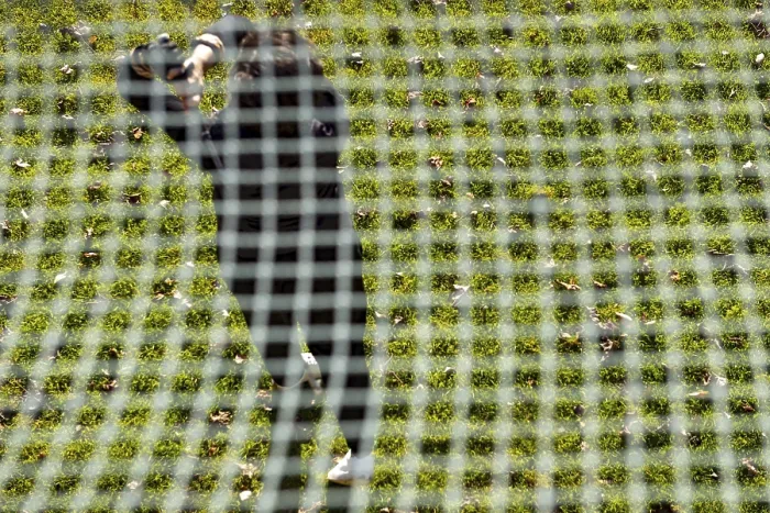 Gerahmter Druck : Golfer-Training auf dem Driving Range hinter einem Netz. Gerahmter Druck : Golfer-Training auf dem Driving Range hinter einem Netz.