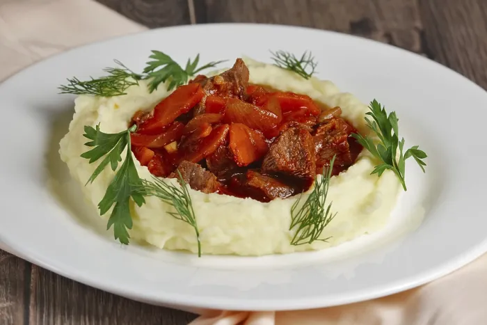 Gerahmter Druck : Gulasch mit Kartoffelklößen Gerahmter Druck : Gulasch mit Kartoffelklößen