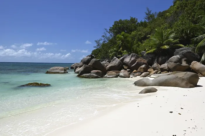 Gerahmter Druck : Granitfelsen auf der Anse Source dArgent. Gerahmter Druck : Granitfelsen auf der Anse Source dArgent.