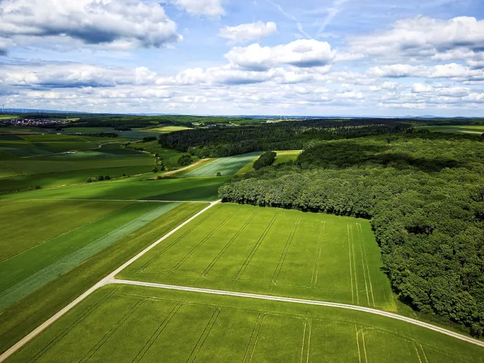 Gerahmter Druck : Grüne Felder und Wälder unter einem blauen, wolkenverhangenen Himmel. Gerahmter Druck : Grüne Felder und Wälder unter einem blauen, wolkenverhangenen Himmel.