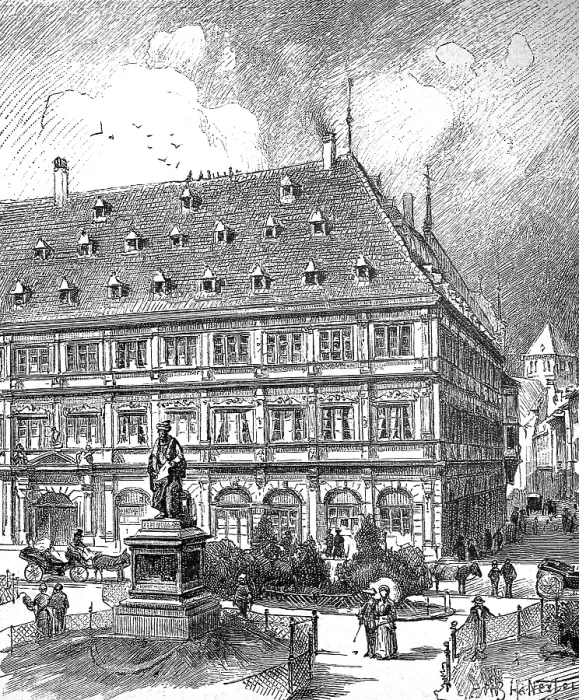 Gerahmter Druck : Gutenberg-Platz mit dem Gutenberg-Denkmal. Gerahmter Druck : Gutenberg-Platz mit dem Gutenberg-Denkmal.