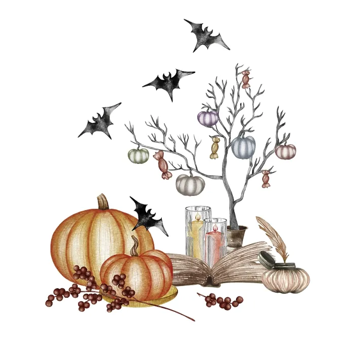 Gerahmter Druck : Halloween-Kürbiskomposition. Fledermaus.