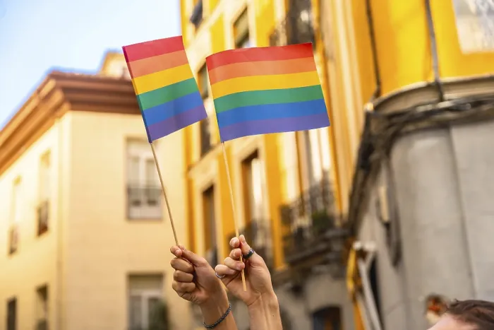 Gerahmter Druck : Hände heben zwei kleine Regenbogenflaggen. Gerahmter Druck : Hände heben zwei kleine Regenbogenflaggen.