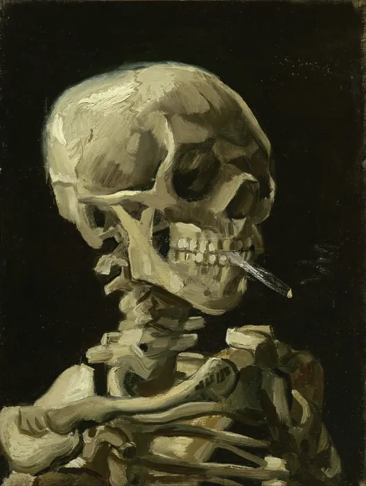 Gerahmter Druck : Kopf eines Skeletts mit einem brennenden Zigarettenstummel. Gerahmter Druck : Kopf eines Skeletts mit einem brennenden Zigarettenstummel.
