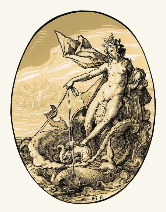 Gerahmter Druck : Hendrik Goltzius, Galatea wird von Delphinen gezogen