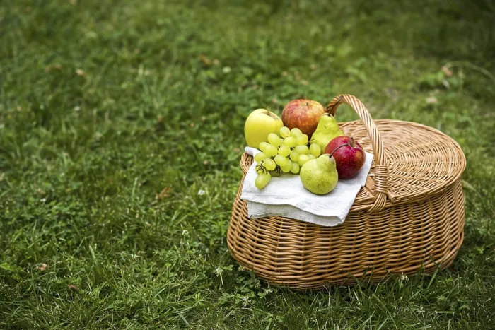 Gerahmter Druck : Ein Picknickkorb mit Obst aus der Vogelperspektive Gerahmter Druck : Ein Picknickkorb mit Obst aus der Vogelperspektive
