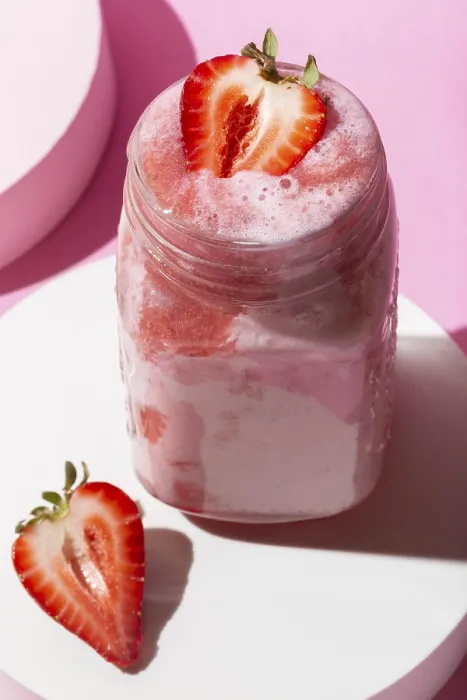 Gerahmter Druck : Hochwinkel-Strawberry-Smoothie Gerahmter Druck : Hochwinkel-Strawberry-Smoothie