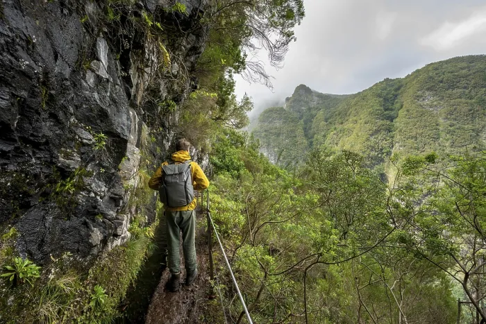 Gerahmter Druck : Wanderer auf einem schmalen Pfad entlang einer Levada. Gerahmter Druck : Wanderer auf einem schmalen Pfad entlang einer Levada.