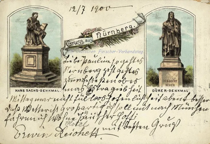 Gerahmter Druck : Historische Denkmäler in Nürnberg, Hans-Sachs-Denkmal (links) und Albrecht-Dürer-Denkmal (rechts), Nürnberg, Mittelfranken, Bayern, Deutschland. Gerahmter Druck : Historische Denkmäler in Nürnberg, Hans-Sachs-Denkmal (links) und Albrecht-Dürer-Denkmal (rechts), Nürnberg, Mittelfranken, Bayern, Deutschland.