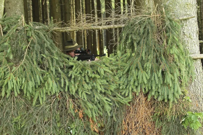 Gerahmter Druck : Jäger versteckt sich am Rande des Waldes.