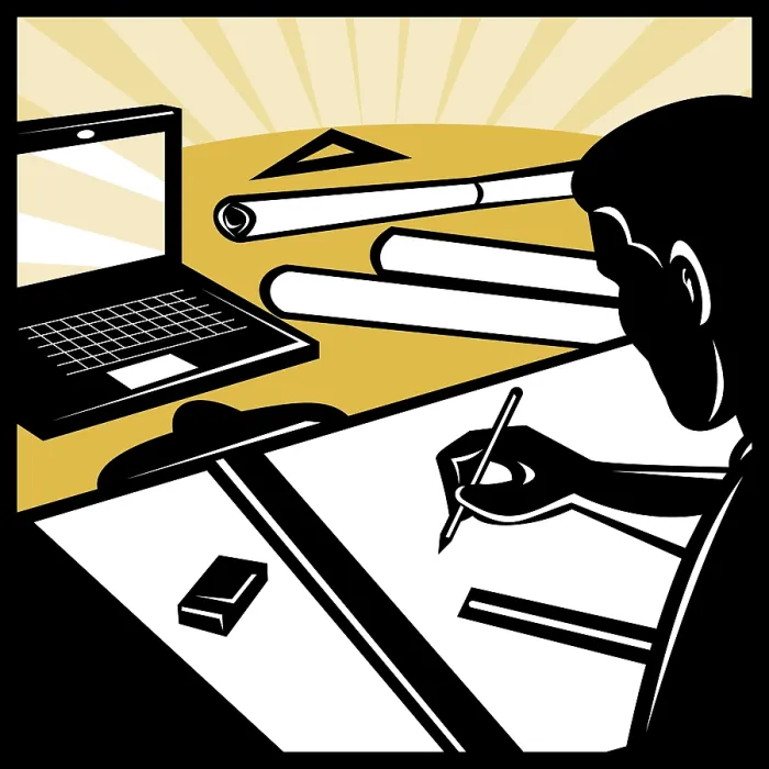 Gerahmter Druck : Illustration einer Architekten- oder Architekturzeichner-Tisch mit Computer. Gerahmter Druck : Illustration einer Architekten- oder Architekturzeichner-Tisch mit Computer.