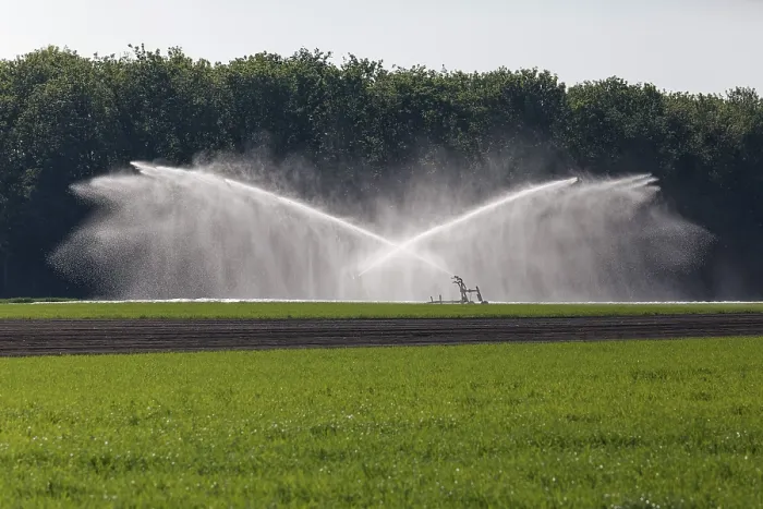 Gerahmter Druck : Bewässerungsanlage bewässert einen Feld in Frühling. Gerahmter Druck : Bewässerungsanlage bewässert einen Feld in Frühling.