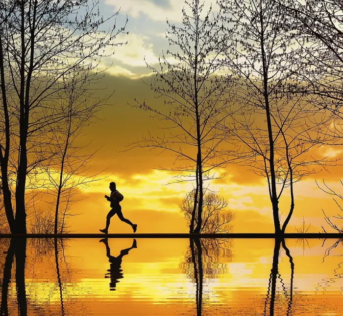 Gerahmter Druck : Laufend am Sonnenuntergang. Gerahmter Druck : Laufend am Sonnenuntergang.