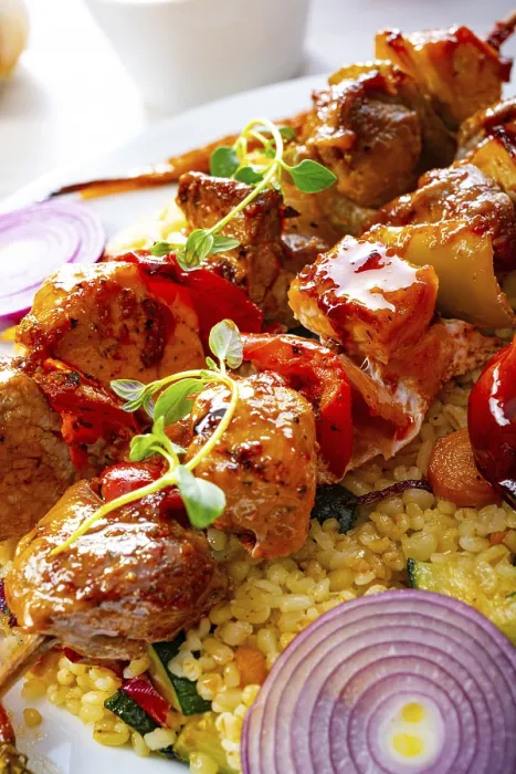 Gerahmter Druck : Kebabs mit Gemüse und Bulgur Gerahmter Druck : Kebabs mit Gemüse und Bulgur