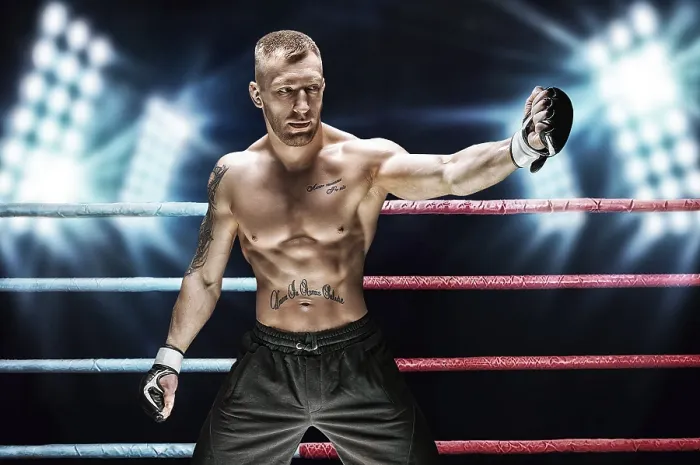 Gerahmter Druck : Kickboxer neckt einen Gegner. Er lädt ihn in den Ring ein. Gerahmter Druck : Kickboxer neckt einen Gegner. Er lädt ihn in den Ring ein.