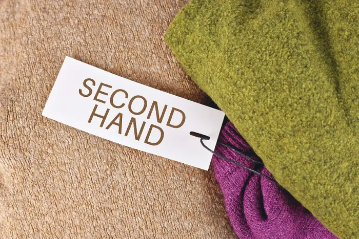 Gerahmter Druck : Etikett mit Text Second Hand auf Kleidung. Gerahmter Druck : Etikett mit Text Second Hand auf Kleidung.