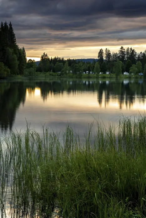 Gerahmter Druck : Der Windgfällweiher bei Sonnenuntergang, mit Reisemobilen auf einem Parkplatz am See in Lenzkirch, Hochschwarzwald, Baden-Württemberg. Gerahmter Druck : Der Windgfällweiher bei Sonnenuntergang, mit Reisemobilen auf einem Parkplatz am See in Lenzkirch, Hochschwarzwald, Baden-Württemberg.
