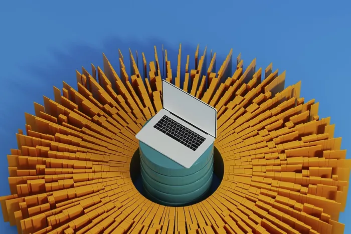 Gerahmter Druck : Laptop inmitten lebendiger Daten-Elemente Gerahmter Druck : Laptop inmitten lebendiger Daten-Elemente