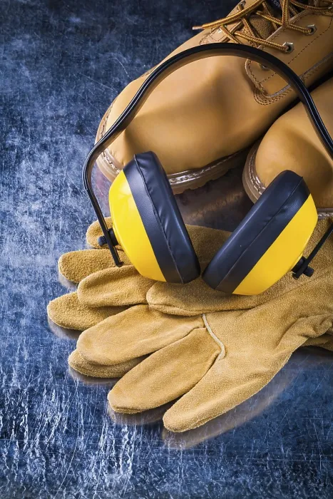Gerahmter Druck : Lederarbeitsstiefel, schützende Handschuhe und Kopfhörer zur Lärmminderung auf geriebenen Metallflächen Konzept. Gerahmter Druck : Lederarbeitsstiefel, schützende Handschuhe und Kopfhörer zur Lärmminderung auf geriebenen Metallflächen Konzept.