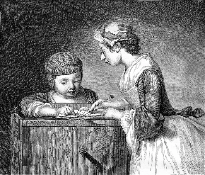Gerahmter Druck : Die Lektion der älteren Schwester. Gerahmter Druck : Die Lektion der älteren Schwester.